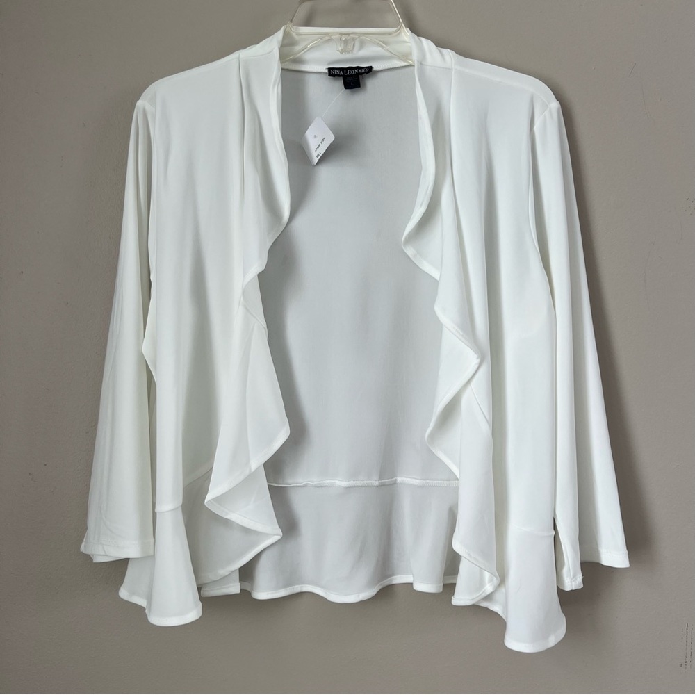 Nina Leonard Ivory Ruffle Draped Open-Front Shrug Bolero 3/4 Sleeves SZ L - Picture 3 of 15